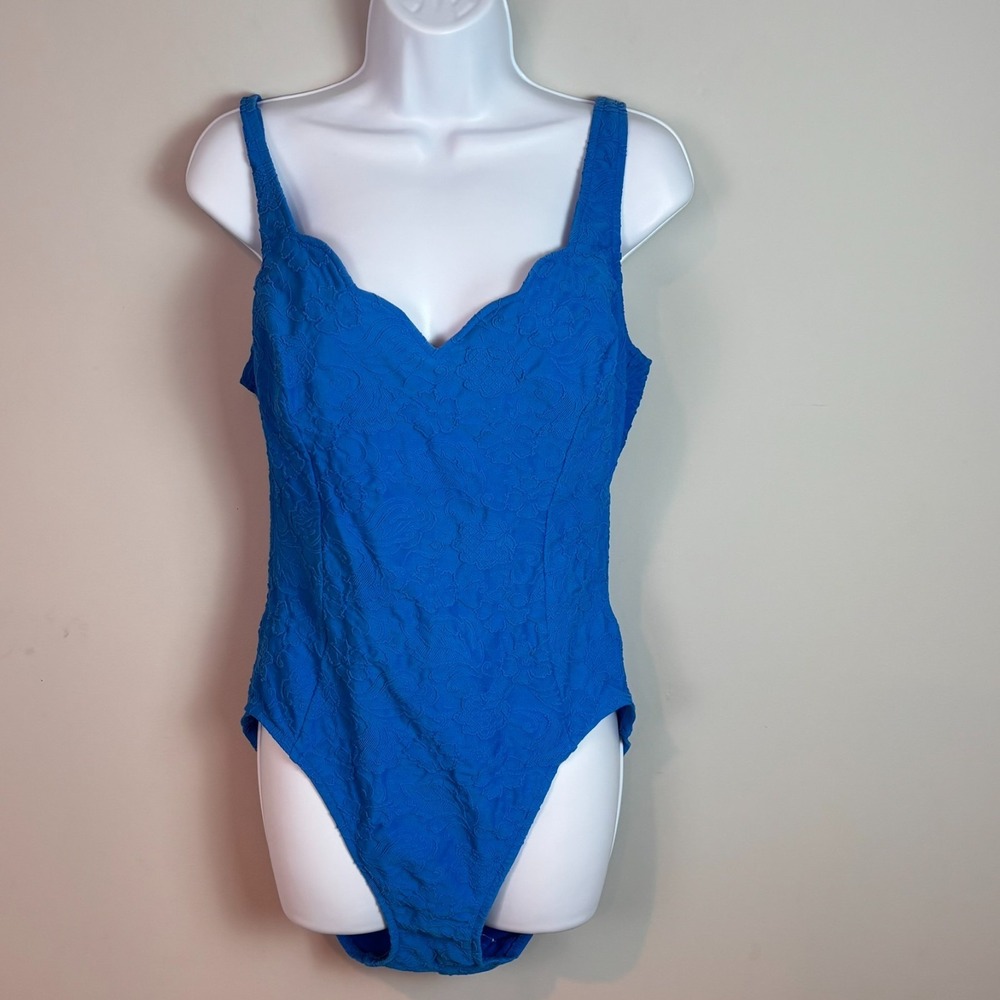 VTG Longitude Womens Blue Floral Scallop Hem One Piece Bathing Suit Sz 16 Tall